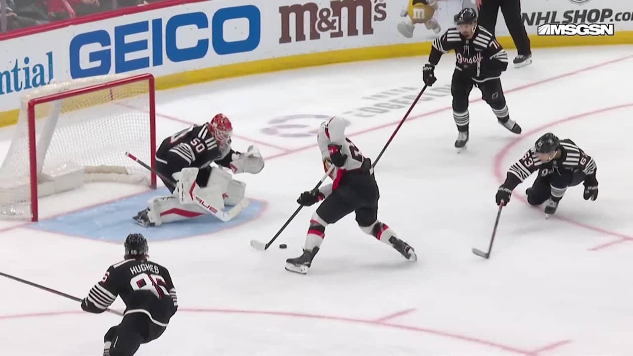 Fabian Zetterlund scores a goal against the New Jersey Devils