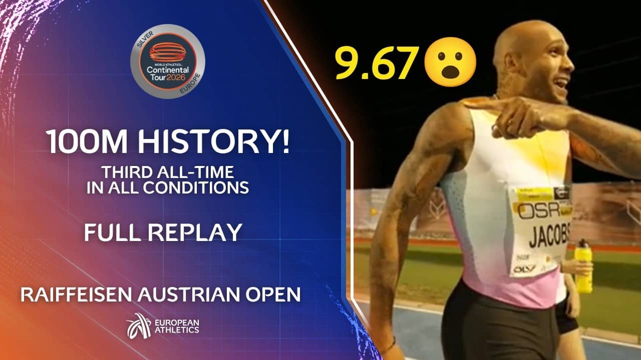 9.67🔥 3rd fastest 100m in HISTORY | Full Replay | Jacobs runs windy 100m | Only Bolt has run faster!