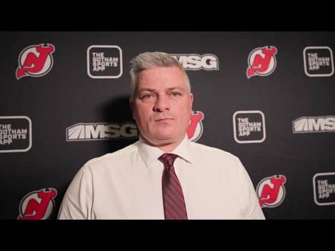 Devils head coach Sheldon Keefe speaks prior to Devils at Habs