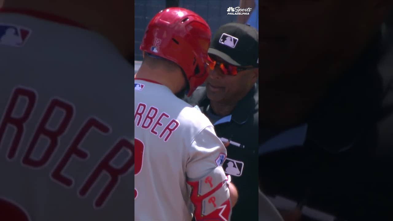 Kyle Schwarber was ejected after not agreeing with a check swing call in Phillies vs. Royals
