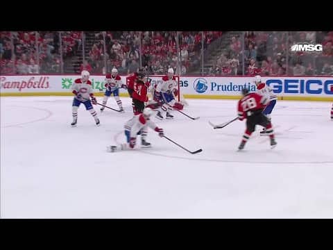 Timo Meier scores a goal against the Montréal Canadiens