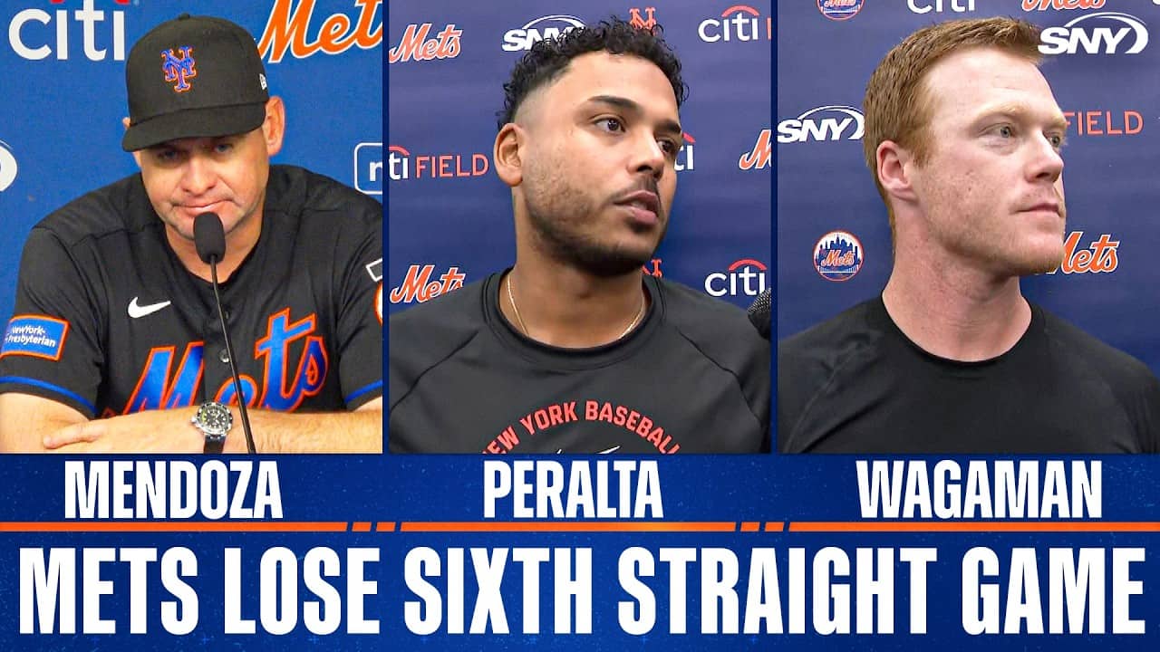 Carlos Mendoza, Freddy Peralta and Eric Wagaman on Mets sixth straight loss