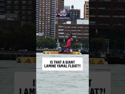 A giant Lamine Yamal cutout was seen floating down the Hudson River in New York City.