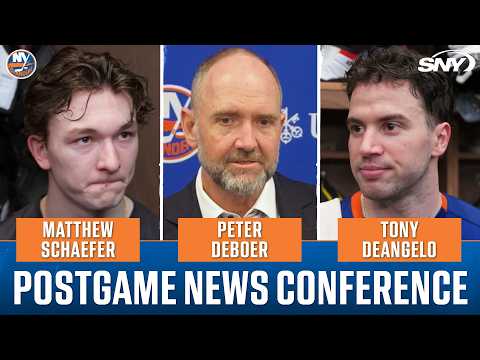Peter DeBoer, Matthew Schaefer and Tony DeAngelo react to the Islanders first win under DeBoer