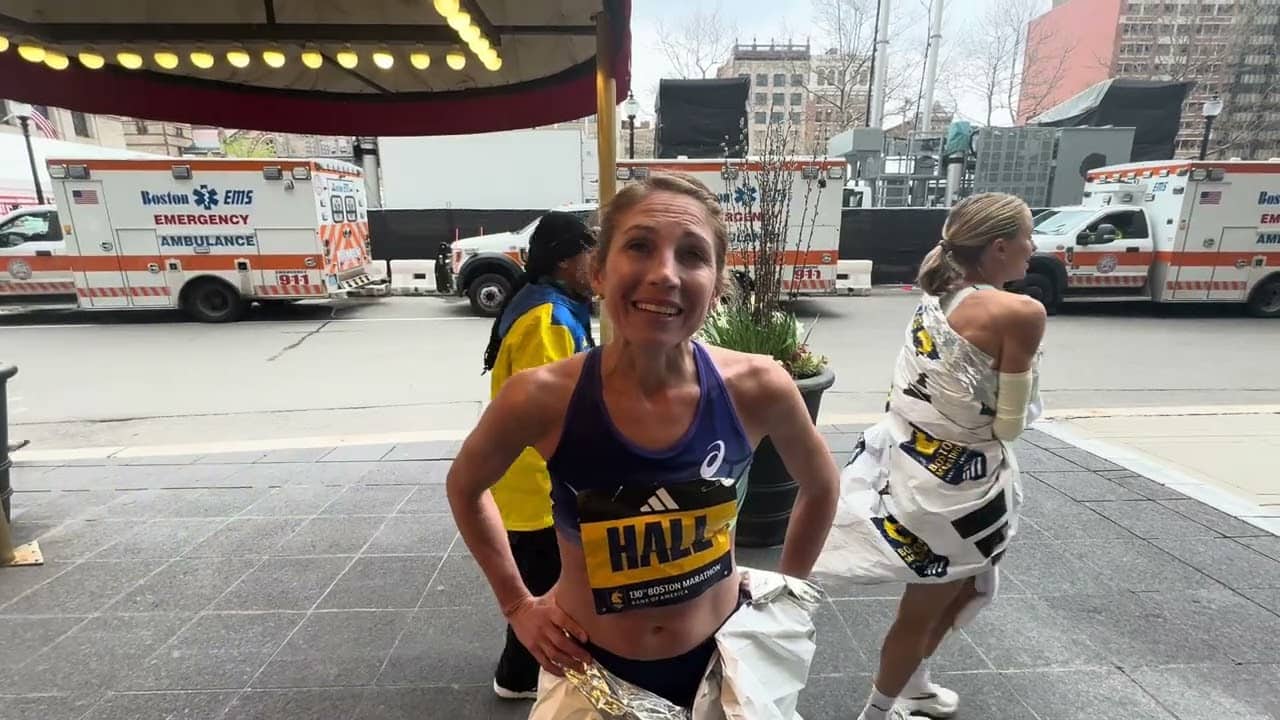 Sara Hall talks after 2026 Boston Marathon