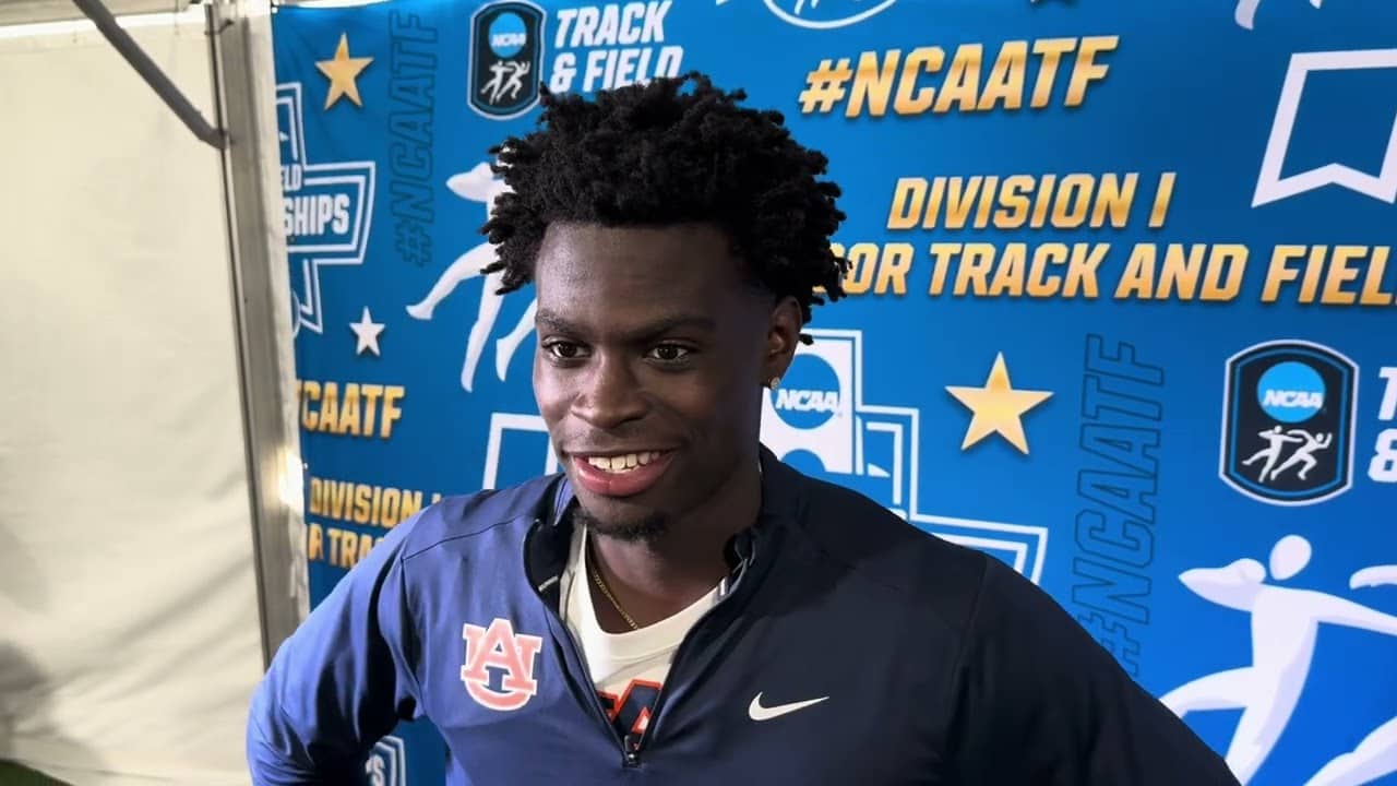 Ja’Kobe Tharp after running 12.90 to repeat as NCAA 110m hurdles champion