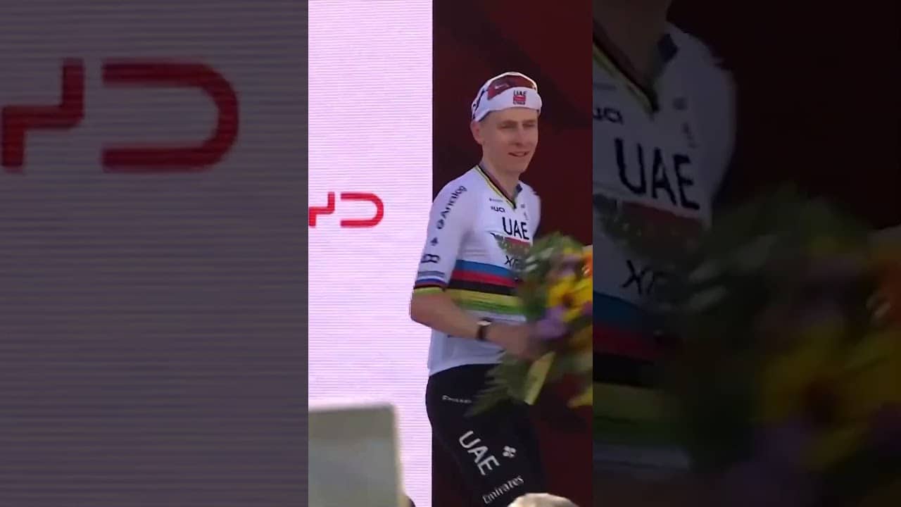 Tadej Pogačar collecting the rewards after his sensational Stage 1 victory at the Tour de Suisse 🔥