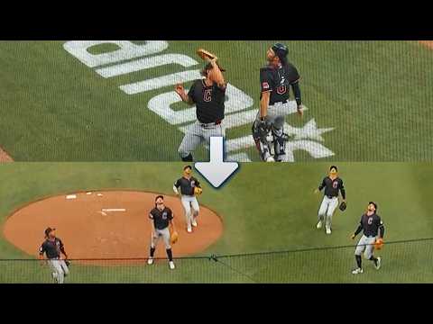 Pitcher Tanner Bibee catches pop-up ... all 4 infielders swarm to prevent him from catching another!
