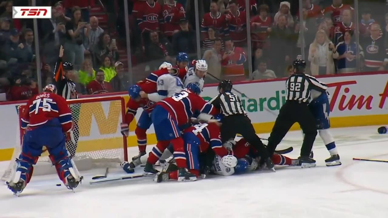 Brayden Point Hits Jakub Dobes Causing Big Scrum