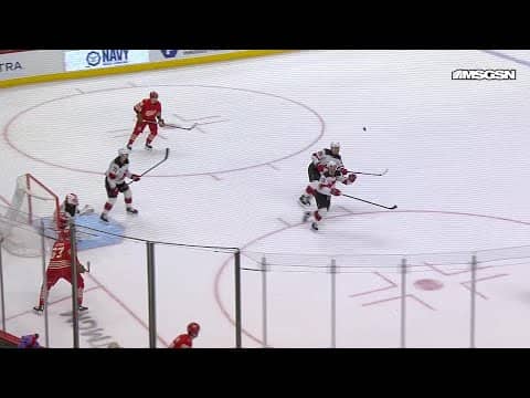 Dawson Mercer scores a goal against the Detroit Red Wings
