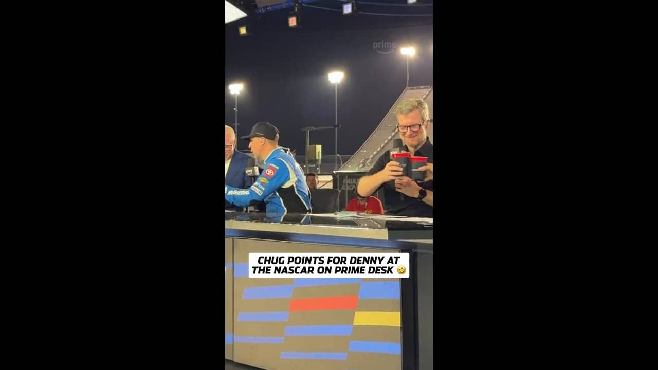 Bottoms up for Denny and Dale Jr. at the #NASCARonPrime desk 😆
