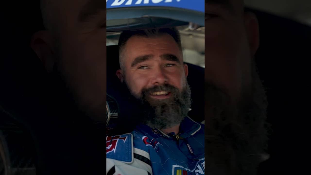 Jason Kelce had a bit of trouble getting in to a race car 🧐