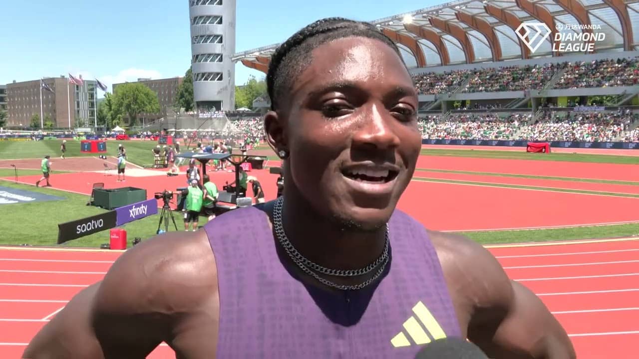 Kayinsola Ajayi after upsetting Oblique Seville in 100m at Prefontaine Classic