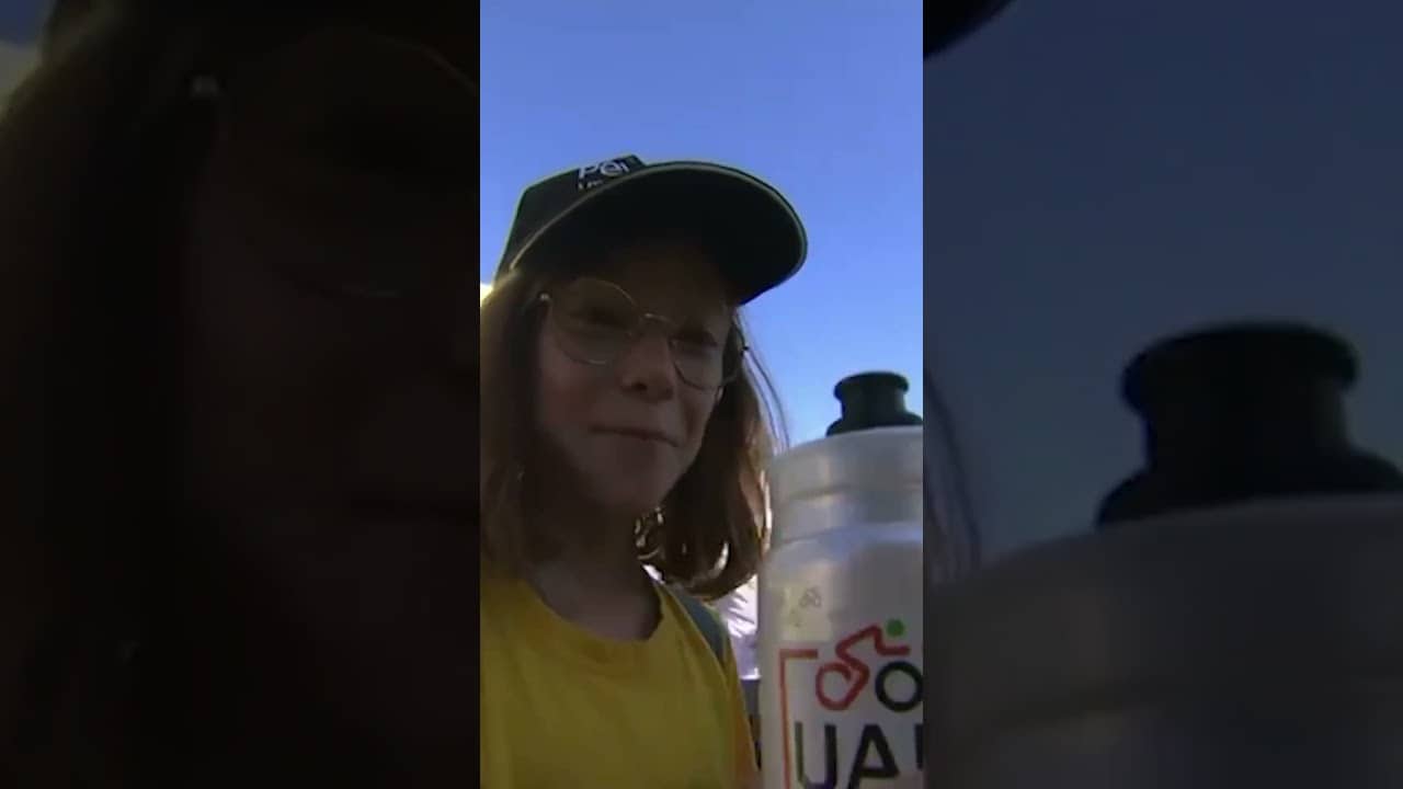 Tadej Pogacar makes a little girl’s day after handing her a bottle 🥹