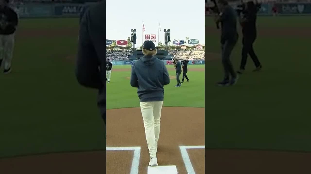 Myles Garrett delivers a strike at Dodger Stadium 🤩