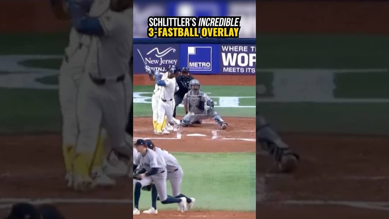 Cam Schlittler, 97mph Cutter, 99mph Two Seamer and 100mph Four Seam Fastball, overlaid.