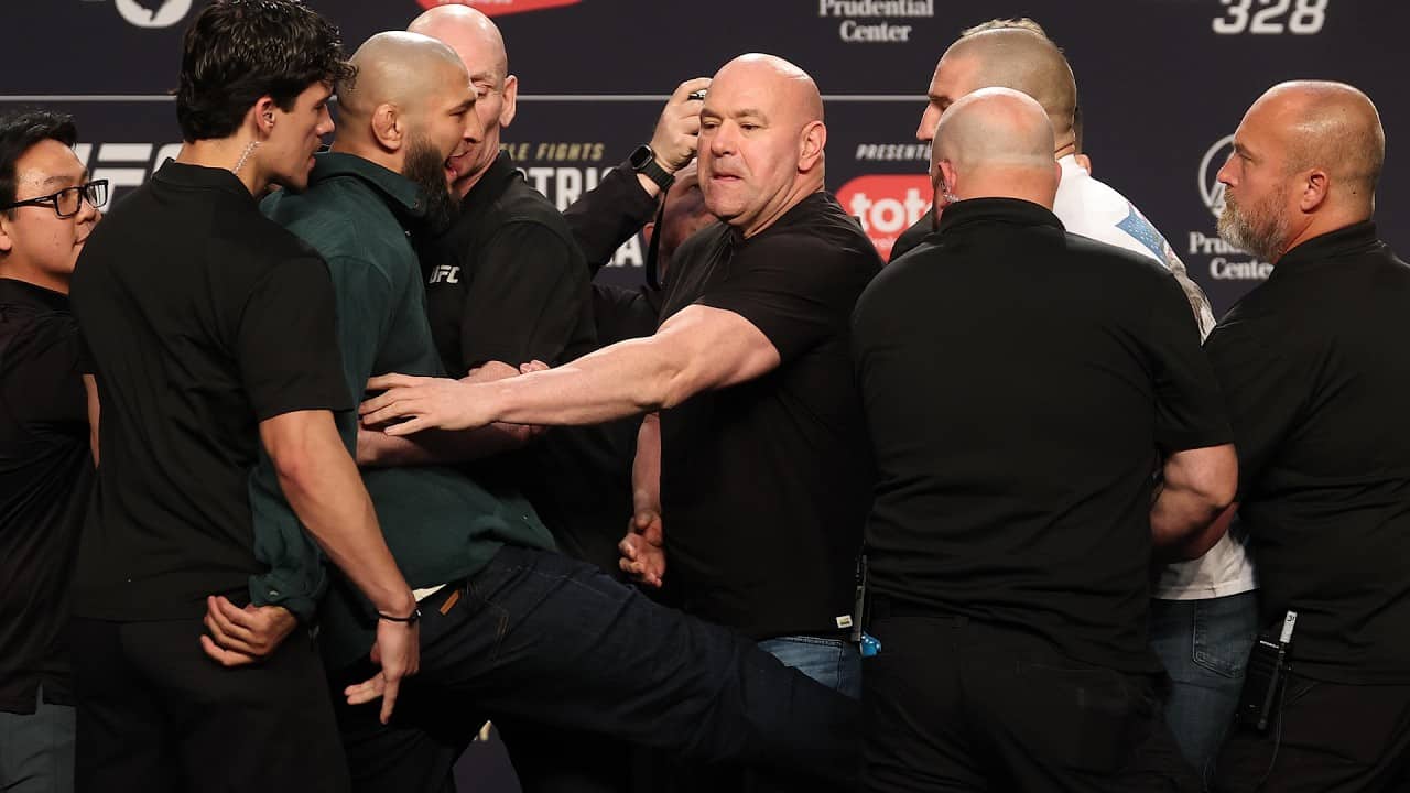Khamzat Chimaev KICKS Sean Strickland during first UFC 328 faceoff | MMA Fighting