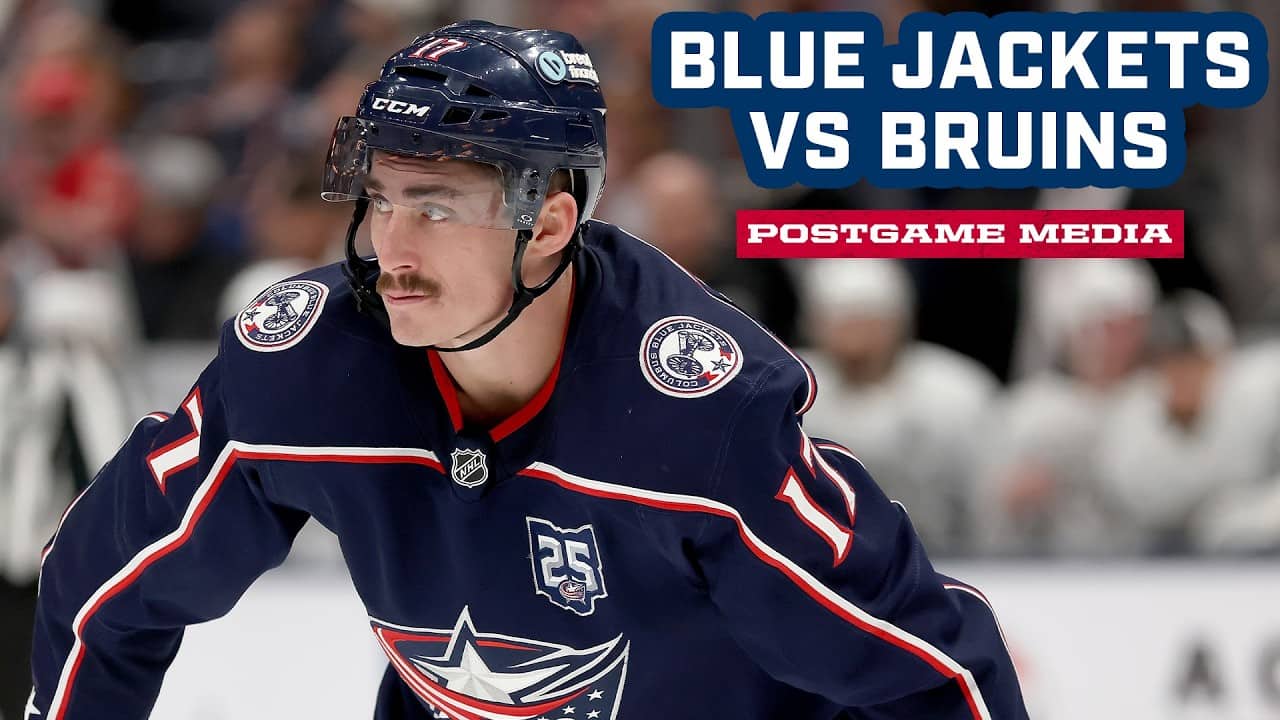 Zach Werenski, Mason Marchment, Adam Fantilli and Head Coach Rick Bowness | Postgame Media
