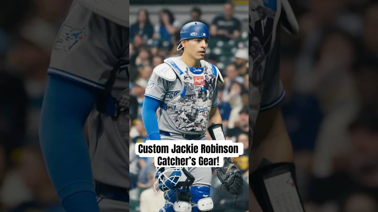 Brandon Valenzuela has a custom chest protector for Jackie Robinson Day! #MLB #BlueJays