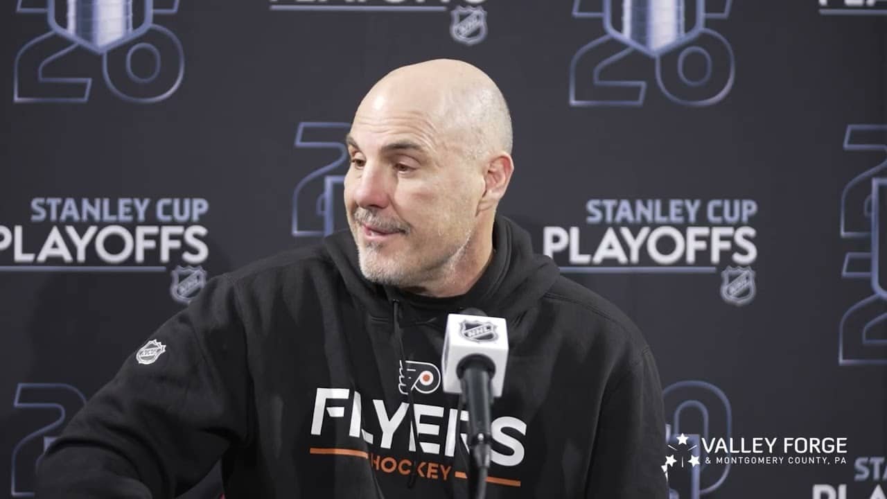 Head coach Rick Tocchet meets with the media at Sunday’s practice in Raleigh.