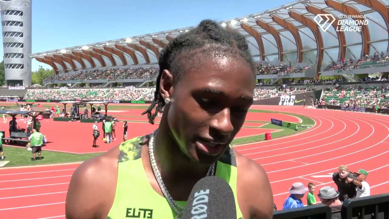 High schooler Tate Taylor after defeating pros in 200m at Prefontaine Classic