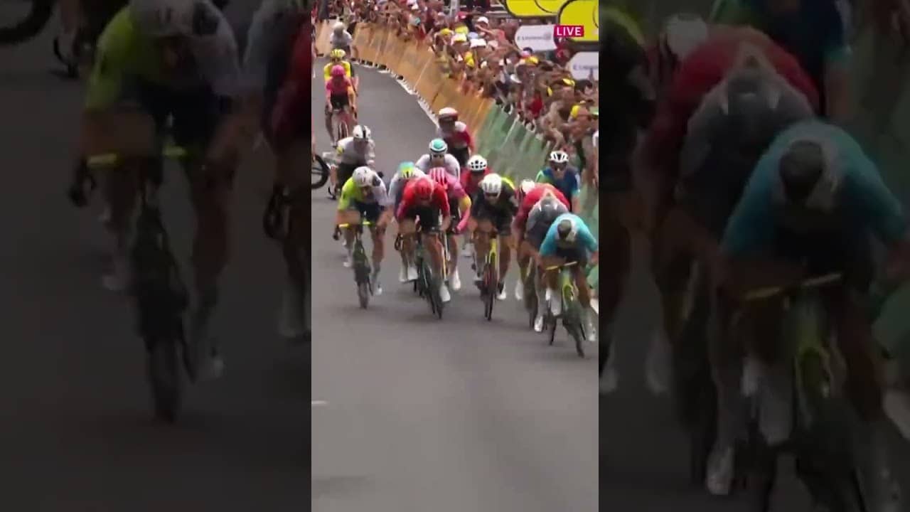 Bunny-hop at the finish 🏁 Throw🔙 to when Axel Zingle had quick reflexes to avoid Mads Pedersen 🐇