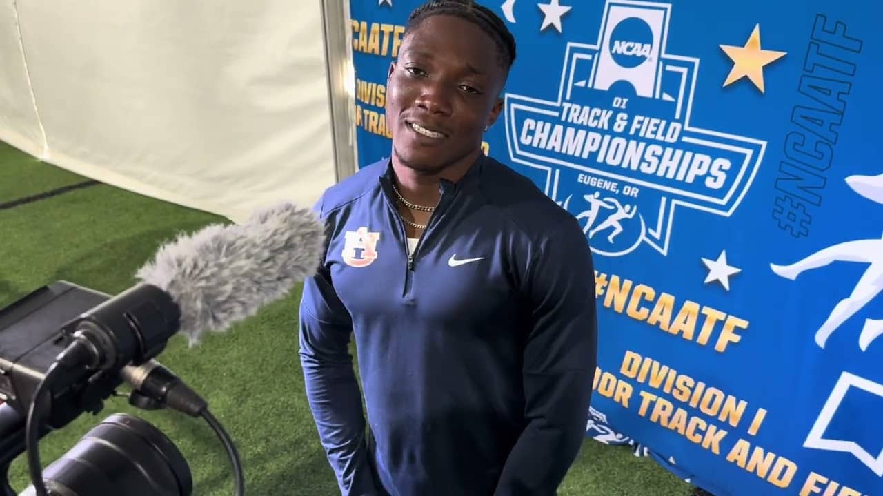 Kayinsola Ajayi after running windy 9.72 to win 2026 NCAA 100m title
