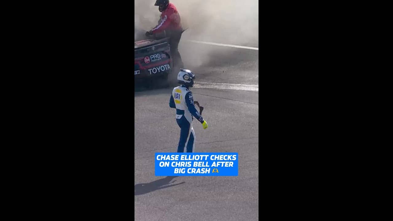 Chase Elliott checks in on Christopher Bell after a hard wreck at Michigan 🤝
