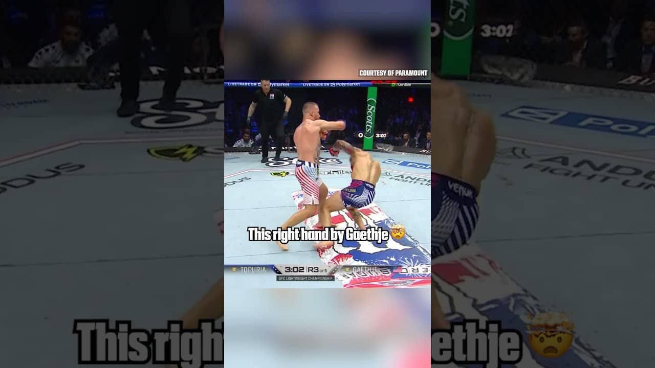 This hit by Justin Gaethje on Ilia Topuria 😳 #UFCFreedom250 (via Paramount)