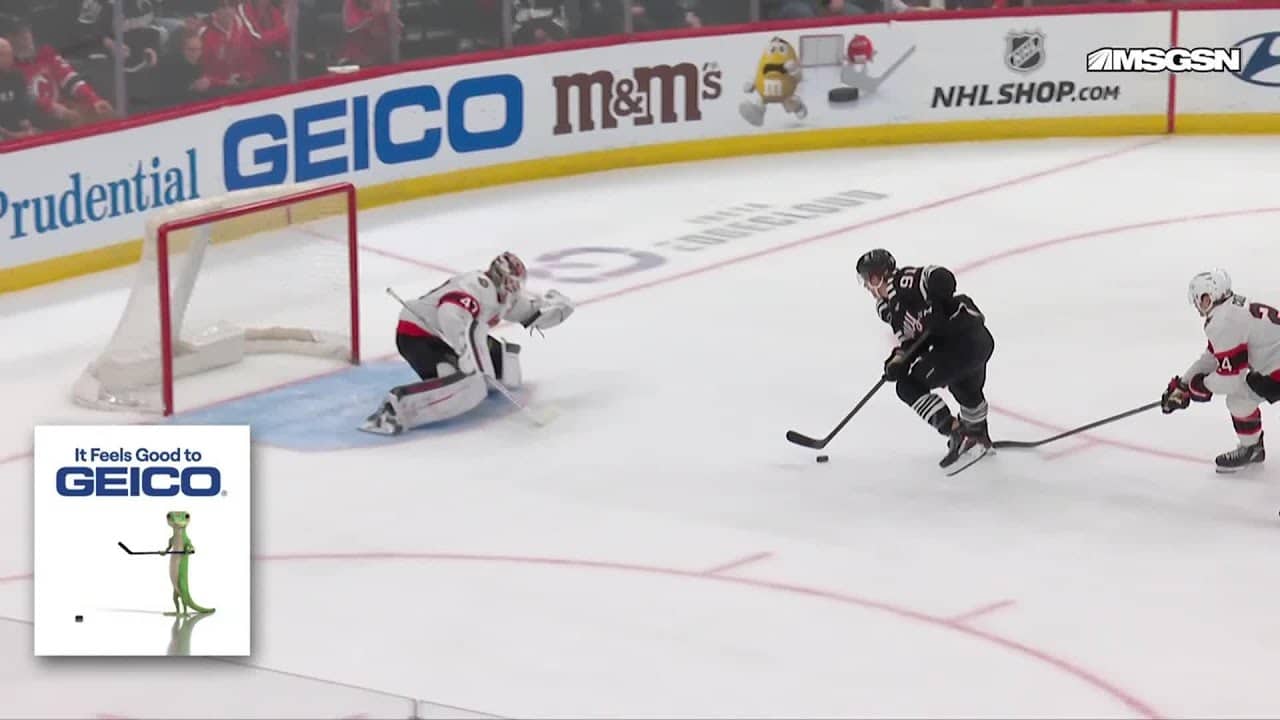 Dawson Mercer scores a shorthanded goal against the Ottawa Senators