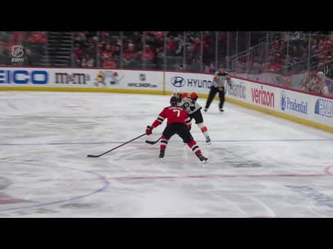 Trevor Zegras scores a goal against the New Jersey Devils