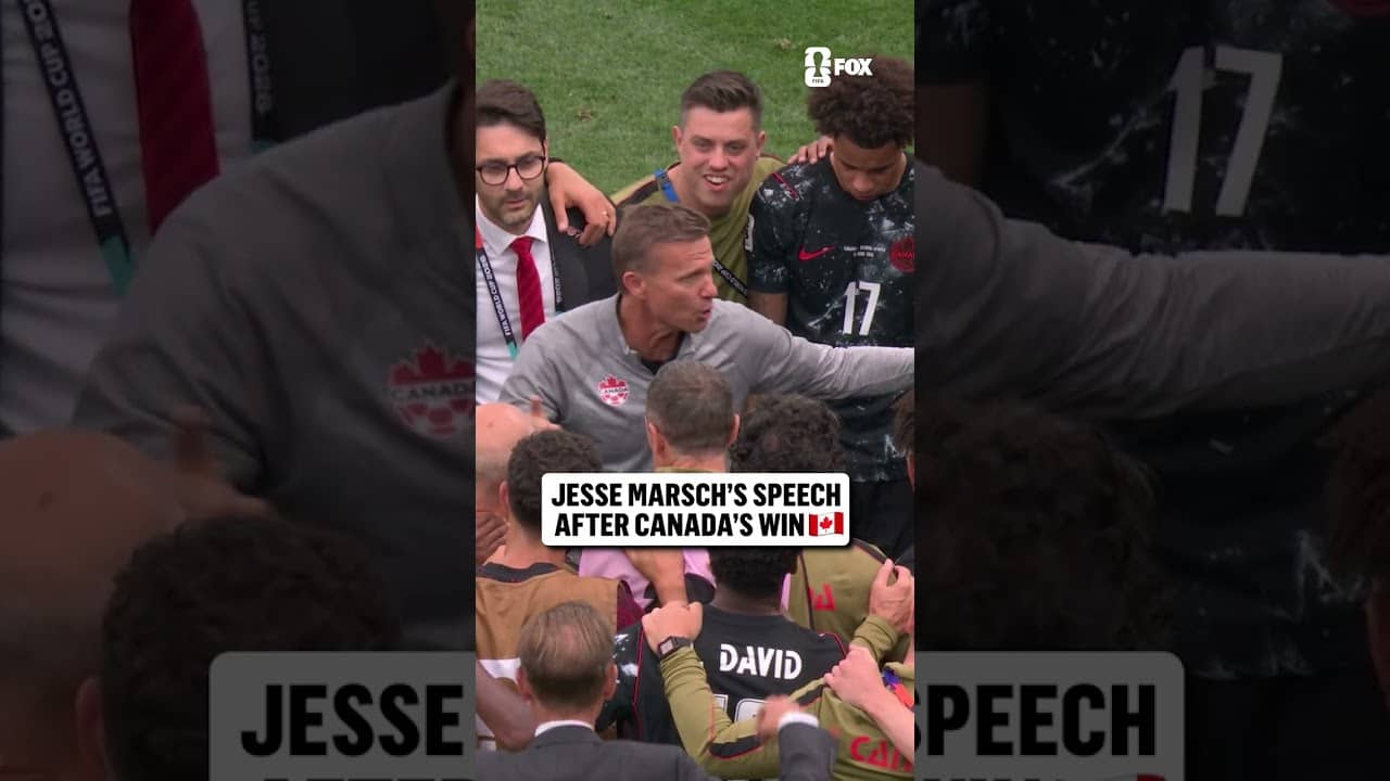 Canada manager Jesse Marsch gives a post-victory speech to his team after clinching the Round of 16