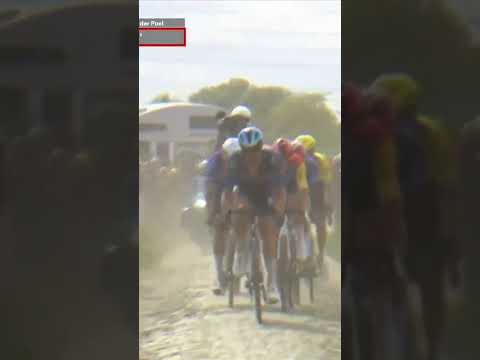 Mathieu van der Poel using all of the road and then some as he chases down the leaders 😅