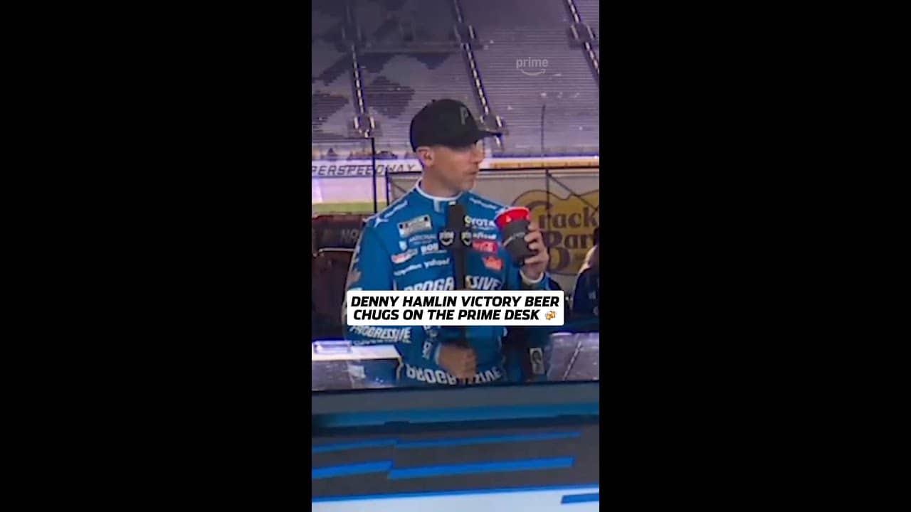Denny Hamlin is getting used to the victory beer chugs 😂 #NASCARonPrime