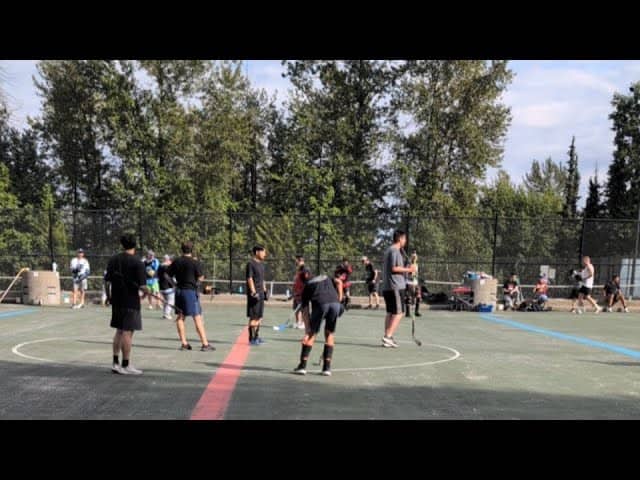 The Hockey Guy is playing ball hockey