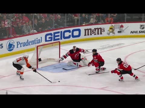 Tyson Foerster scores a goal against the New Jersey Devils