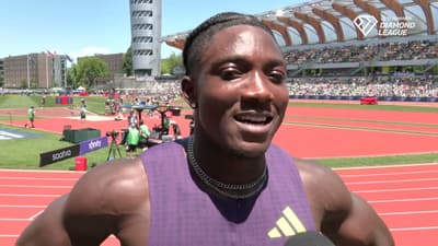 Kayinsola Ajayi after upsetting Oblique Seville in 100m at Prefontaine Classic