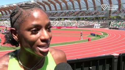 Melissa Jefferson Wooden after edging Sha'Carri Richardson in 100m at 2026 Prefontaine Classic
