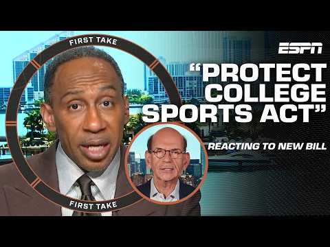 New bipartisan college sports bill proposes salary cap 🚨 Stephen A. & Finebaum weigh in | First Take